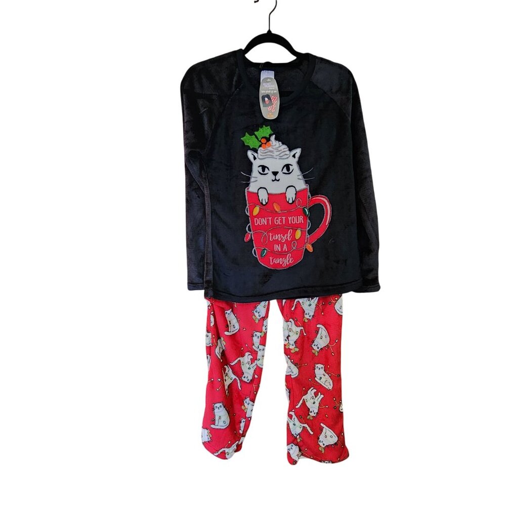 Secret Treasures Womens Luxe Plush Cat Pajama Set Black/Red M NWT